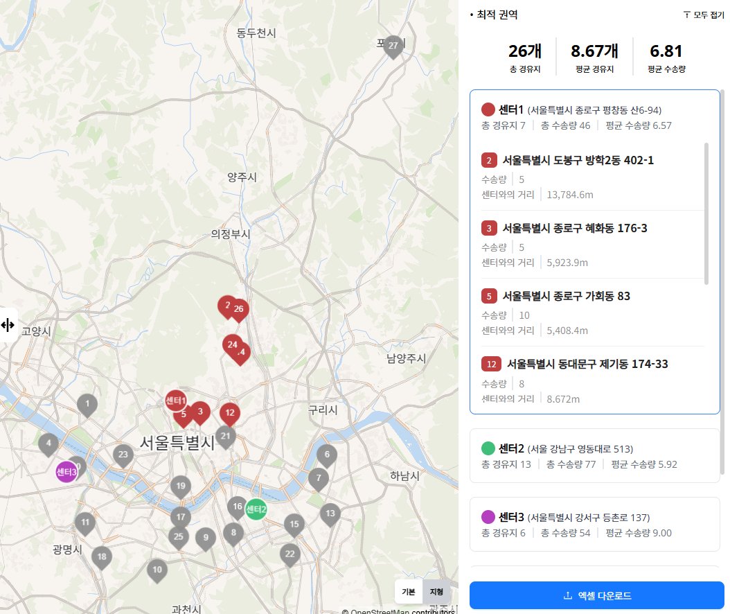 센터 카드를 펼친 화면 — 그 권역의 지점 목록과 지점별 수송량·센터와의 거리가 나오고, 지도에서는 나머지 권역이 회색으로 흐려진다