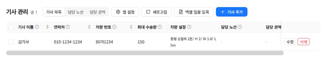 등록된 기사 한 명이 목록에 표시된 모습 — 차량 설정이 한 칸에 요약돼 있다