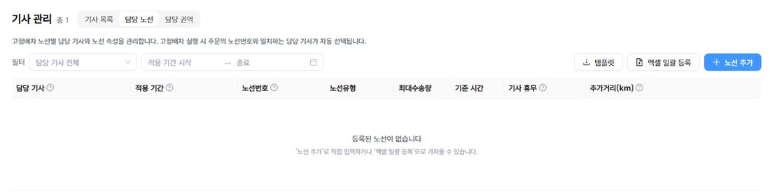 담당 노선 탭 — 담당 기사·적용 기간 필터와 템플릿·엑셀 일괄 등록·노선 추가 버튼, 아직 등록된 노선이 없는 목록