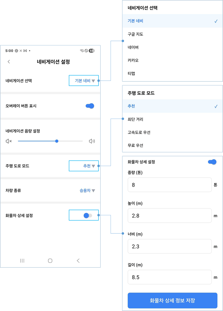 설정 → 내비게이션 설정. 왼쪽이 설정 화면이고, 오른쪽은 네비게이션 선택 · 주행 도로 모드 · 화물차 상세 설정을 눌렀을 때 펼쳐지는 선택지입니다.